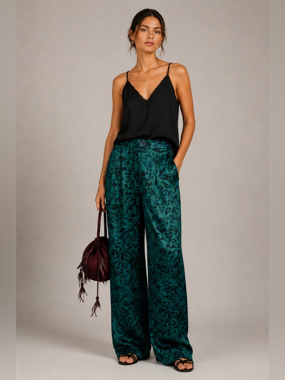 Anthropologie Corey Lynn Calter Teal Satin Jungle Print Wide Leg Pants. Small - Picture 2 of 9